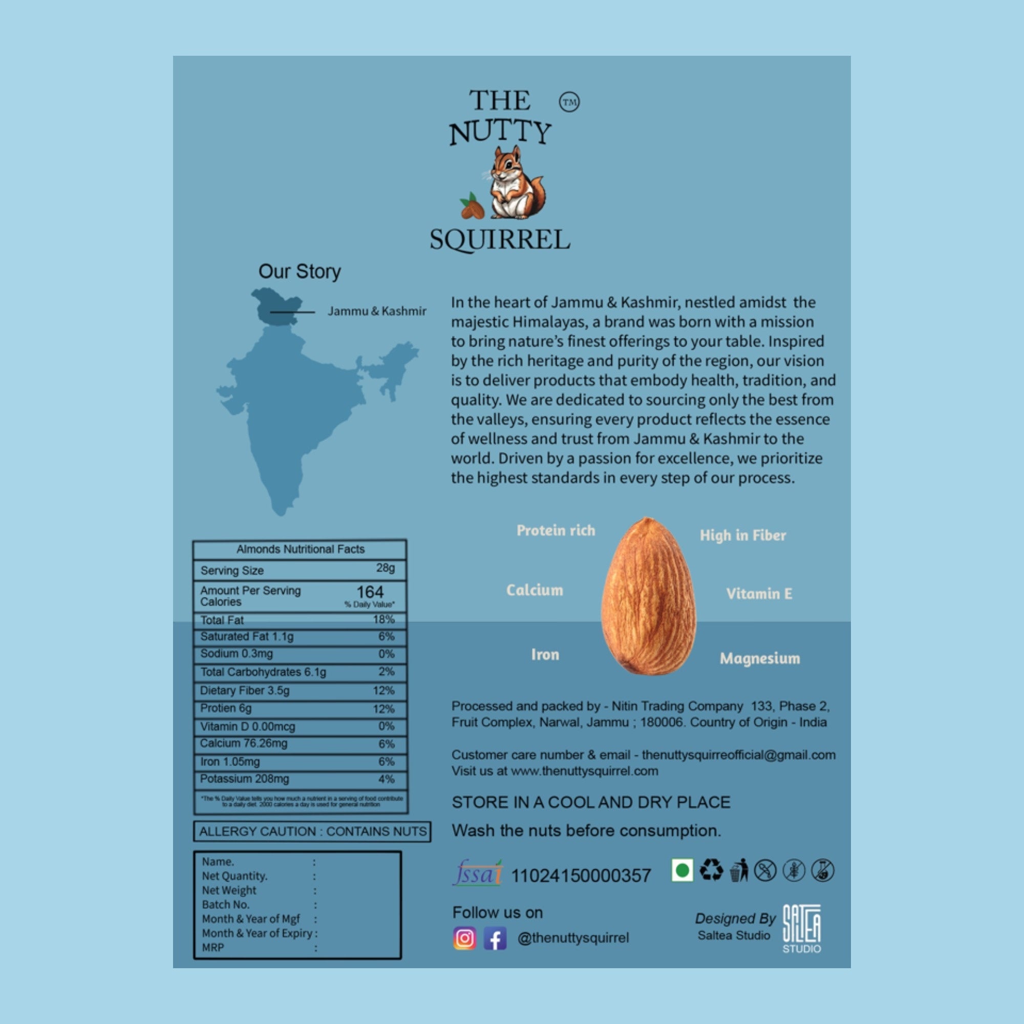 The Nutty Squirrel Almonds Pure and Premium, Protein Rich, Calcium, Iron, Vitamin E, 250g